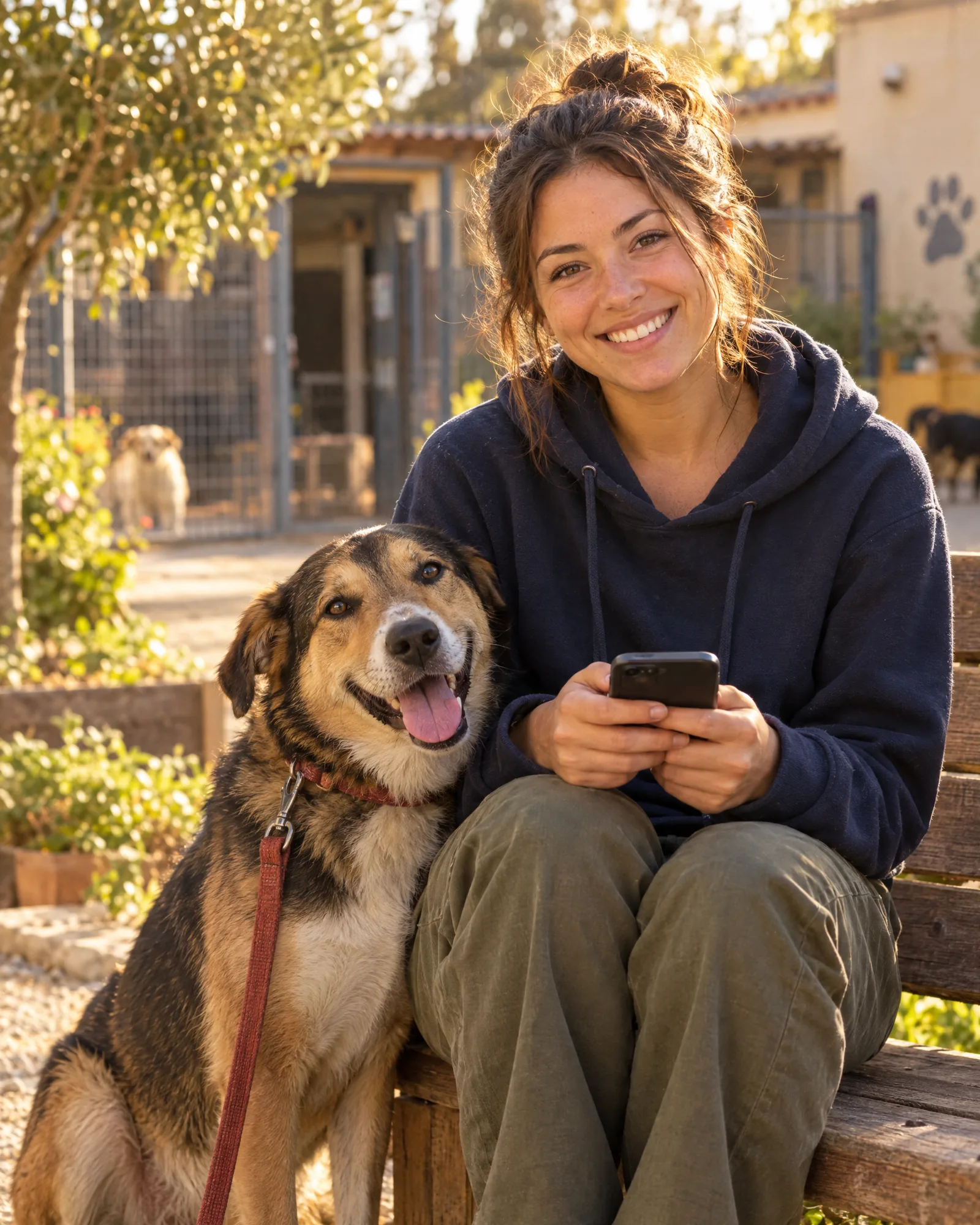 Eine Helferin mit Smartphone und ihrem geretteten Hund im Hof eines Tierheims