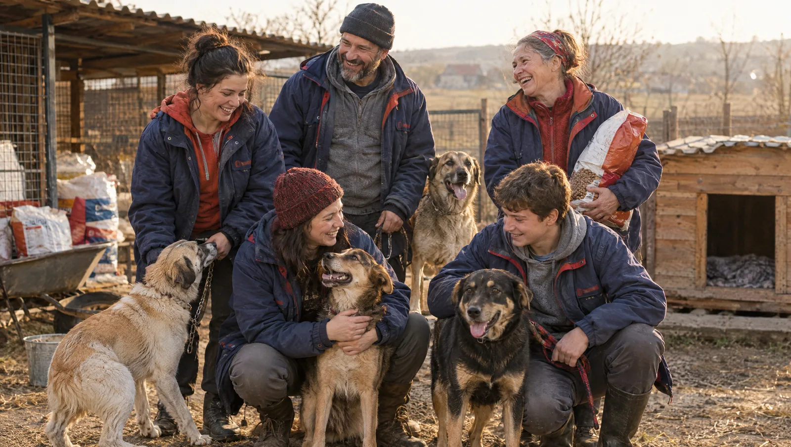 Ein Team lokaler Tierschützer mit geretteten Hunden auf einem Tierheimhof