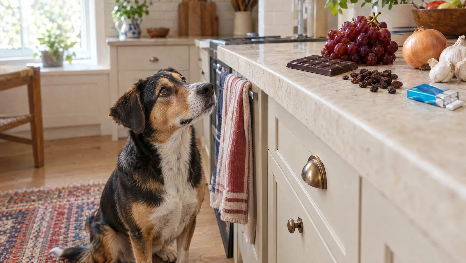 Ein Hund schaut in der Küche zur Arbeitsplatte, auf der Schokolade, Weintrauben, Zwiebeln und Kaugummi liegen
